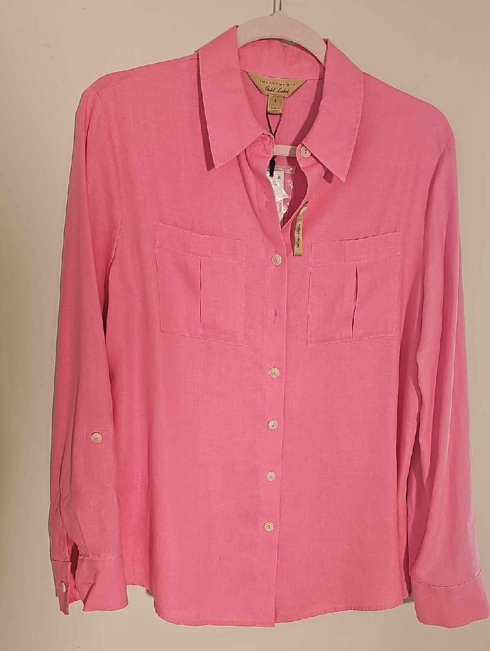 Investments Gold Label Non-Iron Button Down Womens Sz 8 Aurora‎ Pink Linen Blend